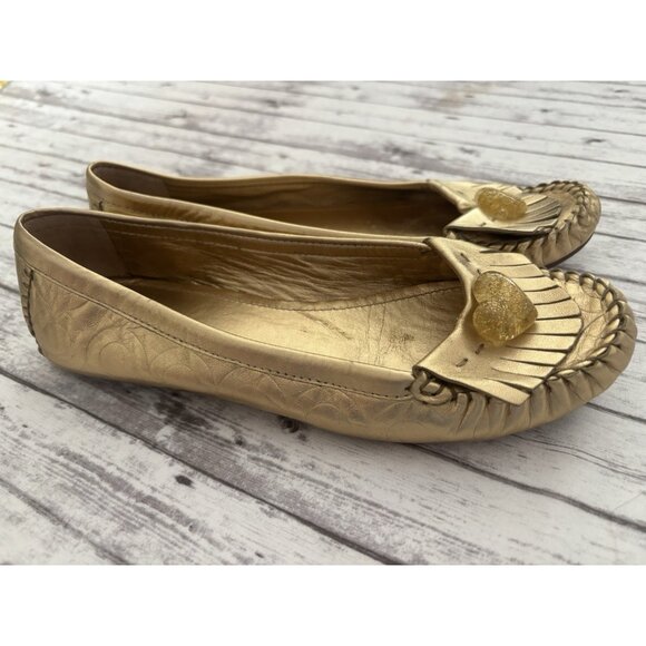 Coach Penny Women's Patent Gold Leather Slip On Flats Loafers Size 7.5 - Picture 1 of 12